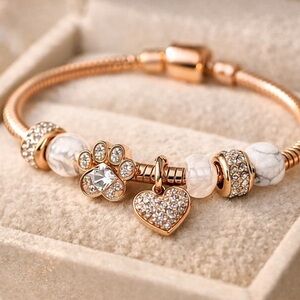 Rose Gold Heart & Paw Charm Bracelet with White Stone Beads